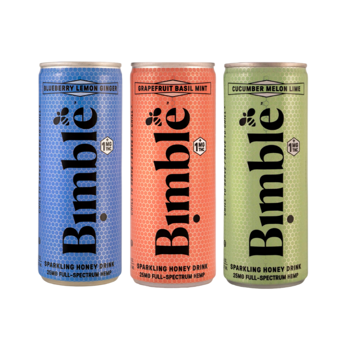Three cans of Bimble sparkling honey drinks in blue, orange, and green on a white background.