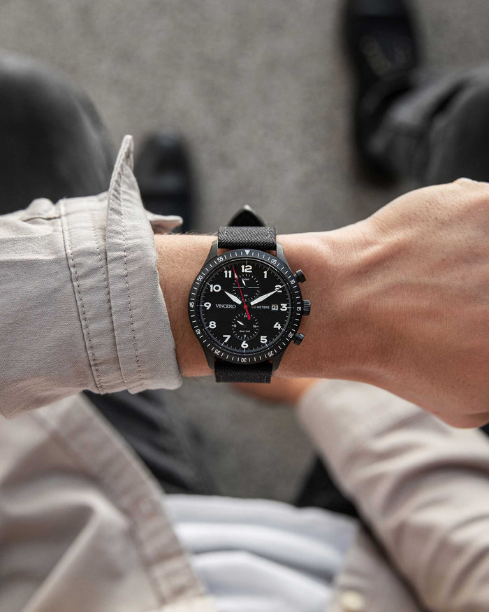 Altitude Black Cordura Nylon Strap Black Watch Face Black Case Clasp White and Red Accents