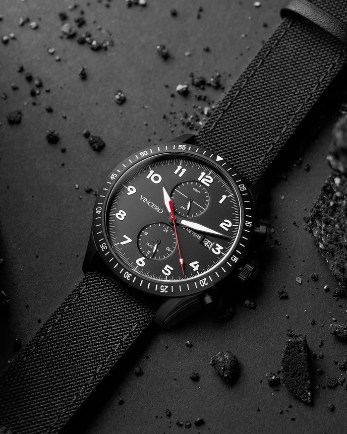 Altitude Black Cordura Nylon Strap Black Watch Face Black Case Clasp White and Red Accents