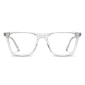 A pair of clear, square-framed eyeglasses with a subtle pattern, likely acetate material, with visible hinges.