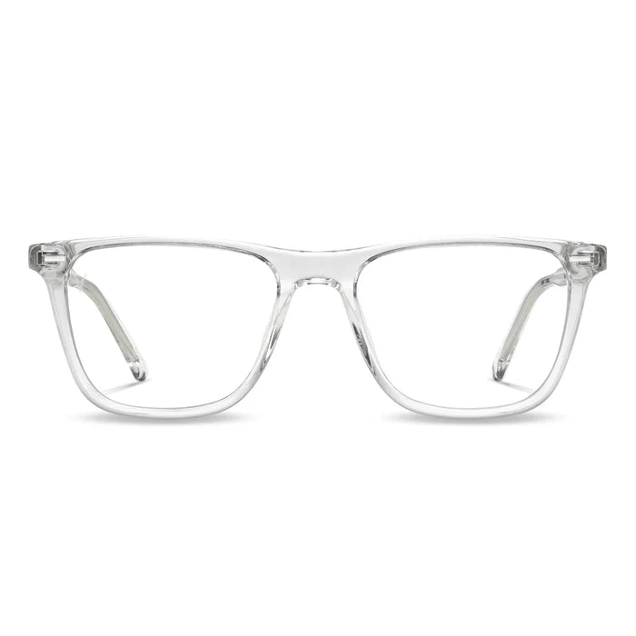 A pair of clear, square-framed eyeglasses with a subtle pattern, likely acetate material, with visible hinges.