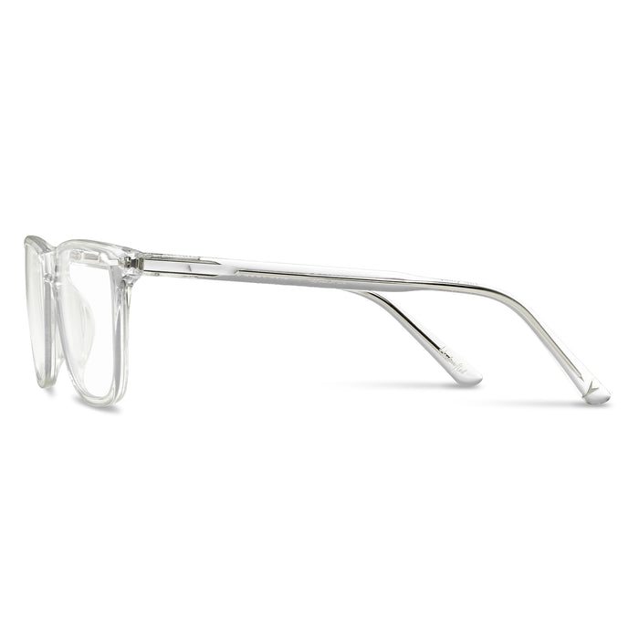 Clear eyeglasses with thin metal frame on a white background