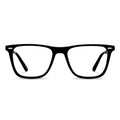 A pair of rectangular-framed, black acetate eyeglasses with clear lenses.