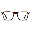 A pair of square-framed, tortoise-shell patterned eyeglasses with clear lenses.