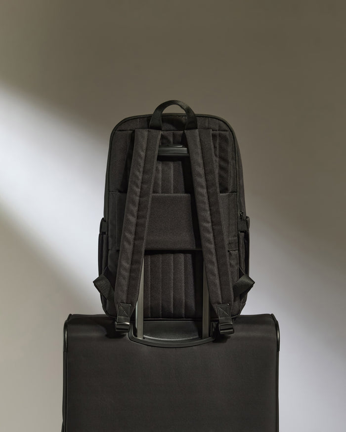 a black backpack on top of a suitcase