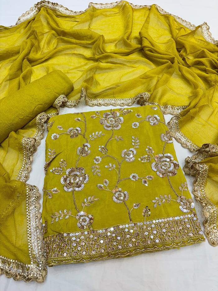 Beautiful Embroidered Crepe Shirt Along With Chiffon Dupatta And Cotton Bottom