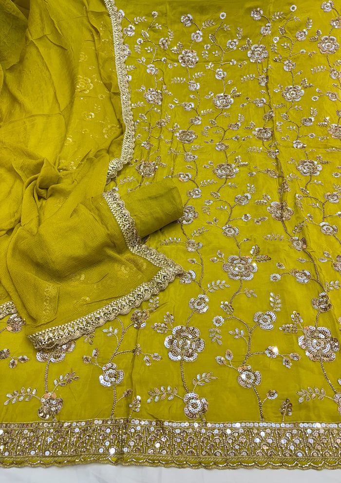 Beautiful Embroidered Crepe Shirt Along With Chiffon Dupatta And Cotton Bottom