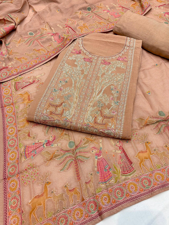 Beautiful Embroidered Crushed Chanderi Shirt Along With Jacquard Crushed Chanderi Dupatta And Cotton Bottom