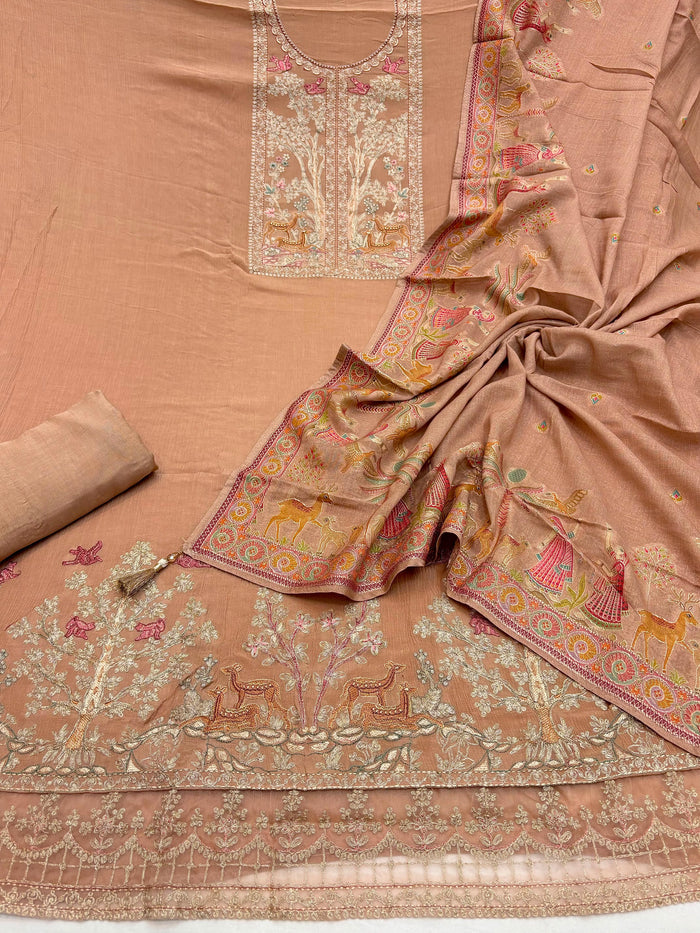 Beautiful Embroidered Crushed Chanderi Shirt Along With Jacquard Crushed Chanderi Dupatta And Cotton Bottom