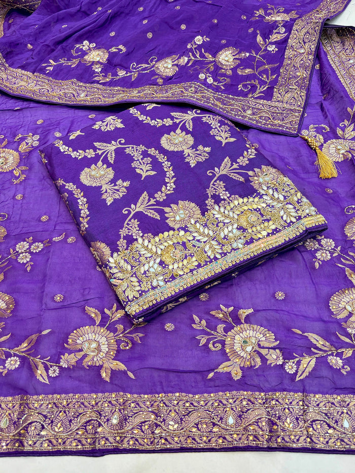 Beautiful Embroidered Dola Silk Shirt Along With  Embroidered Organza Dupatta And Soft Silk  Bottom