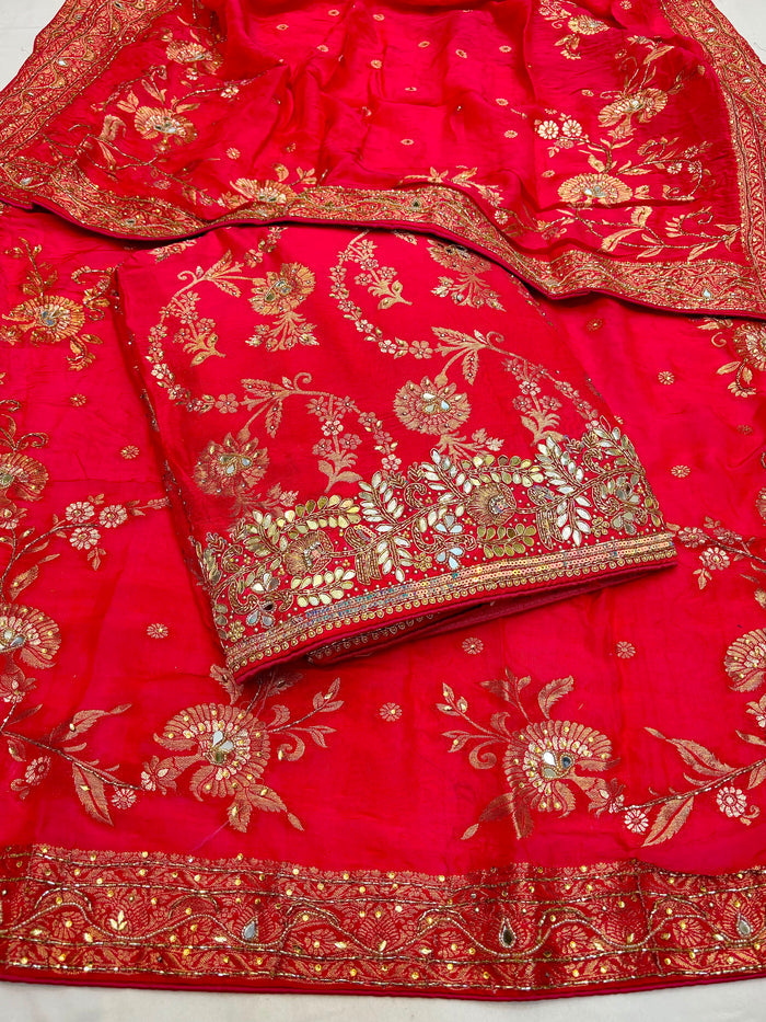 Beautiful Embroidered Dola Silk Shirt Along With  Embroidered Organza Dupatta And Soft Silk  Bottom