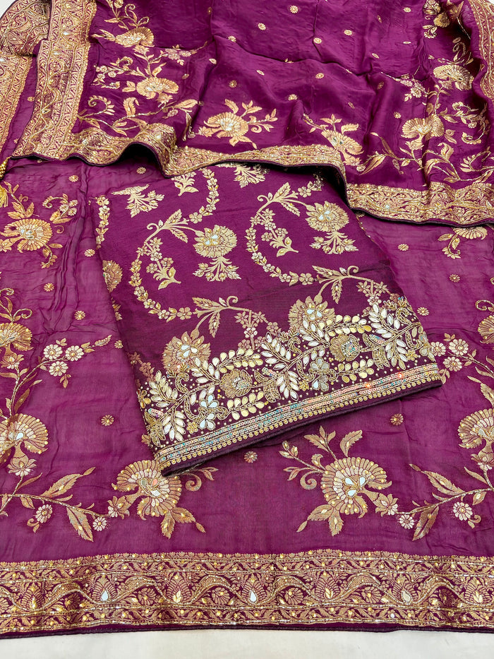 Beautiful Embroidered Dola Silk Shirt Along With  Embroidered Organza Dupatta And Soft Silk  Bottom