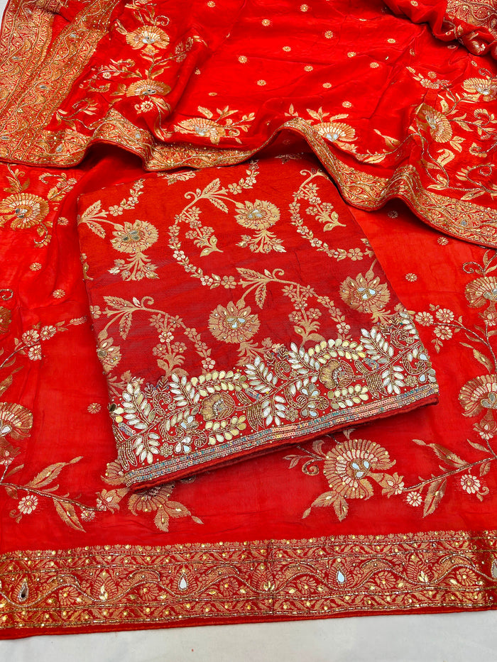 Beautiful Embroidered Dola Silk Shirt Along With  Embroidered Organza Dupatta And Soft Silk  Bottom