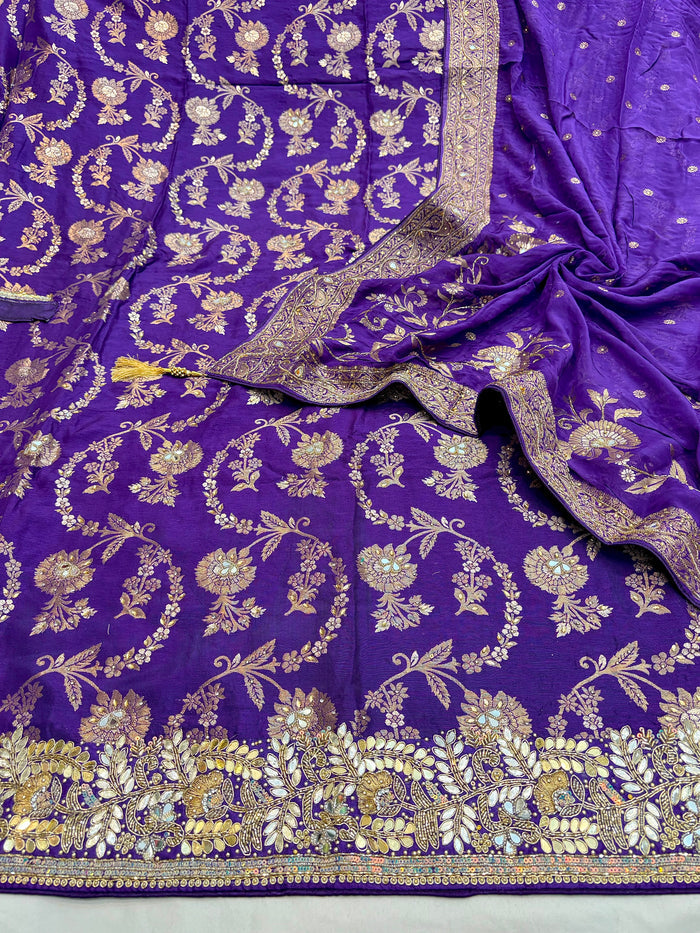 Beautiful Embroidered Dola Silk Shirt Along With  Embroidered Organza Dupatta And Soft Silk  Bottom