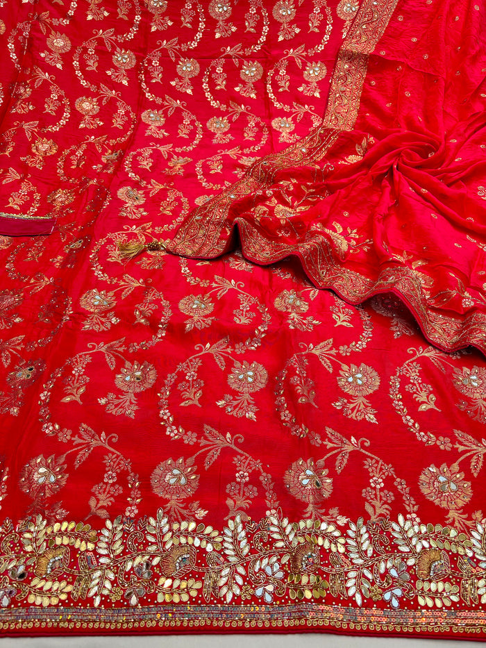 Beautiful Embroidered Dola Silk Shirt Along With  Embroidered Organza Dupatta And Soft Silk  Bottom
