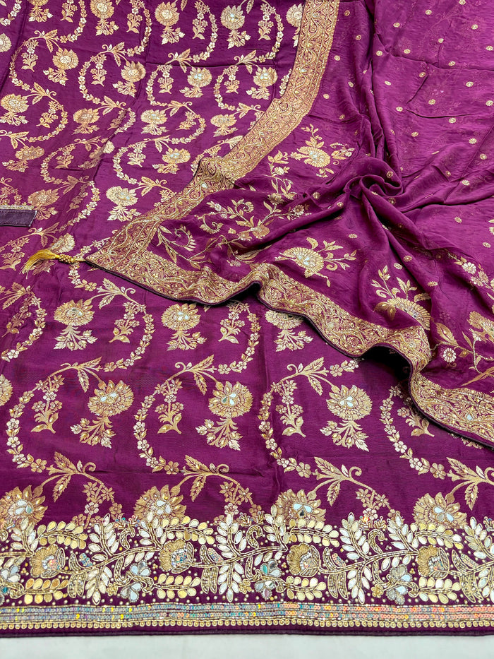 Beautiful Embroidered Dola Silk Shirt Along With  Embroidered Organza Dupatta And Soft Silk  Bottom