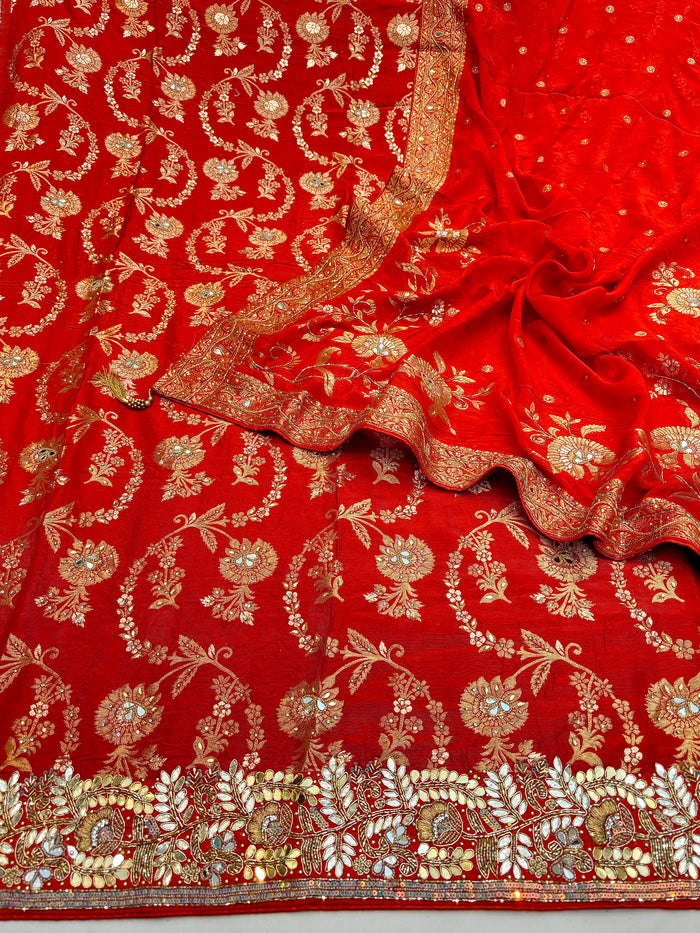 Beautiful Embroidered Dola Silk Shirt Along With  Embroidered Organza Dupatta And Soft Silk  Bottom