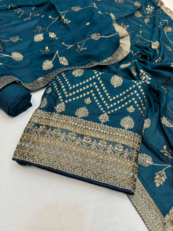 Beautiful Embroidered Jaquard Silk Shirt Along With Embroidered Jaquard Silk Dupatta And Soft Silk Bottom
