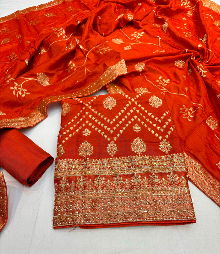Beautiful Embroidered Jaquard Silk Shirt Along With Embroidered Jaquard Silk Dupatta And Soft Silk Bottom
