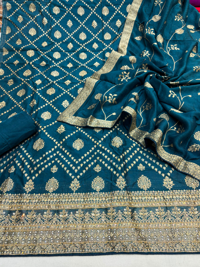 Beautiful Embroidered Jaquard Silk Shirt Along With Embroidered Jaquard Silk Dupatta And Soft Silk Bottom