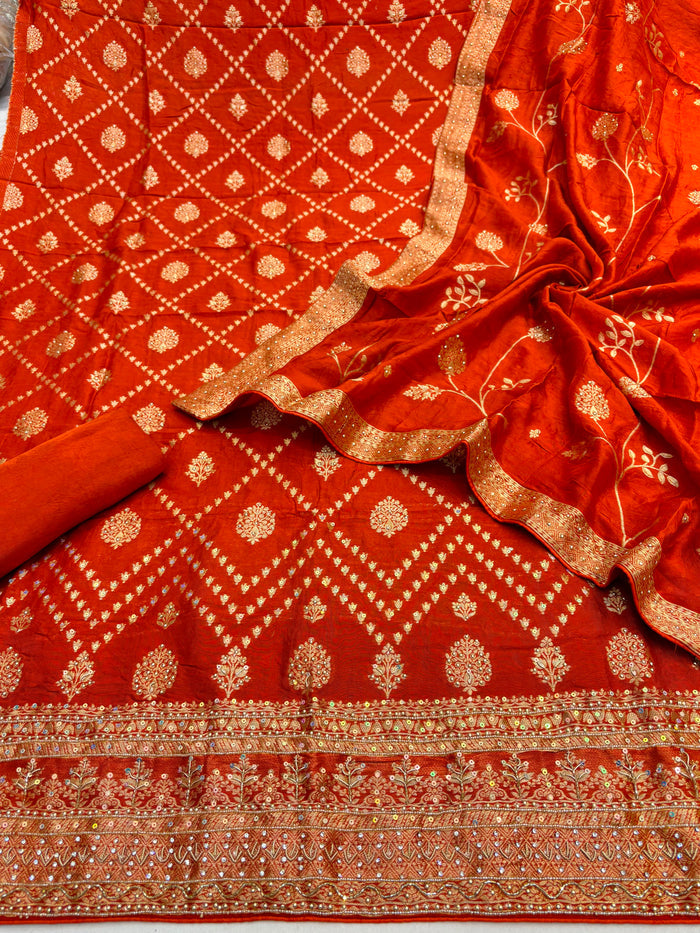 Beautiful Embroidered Jaquard Silk Shirt Along With Embroidered Jaquard Silk Dupatta And Soft Silk Bottom