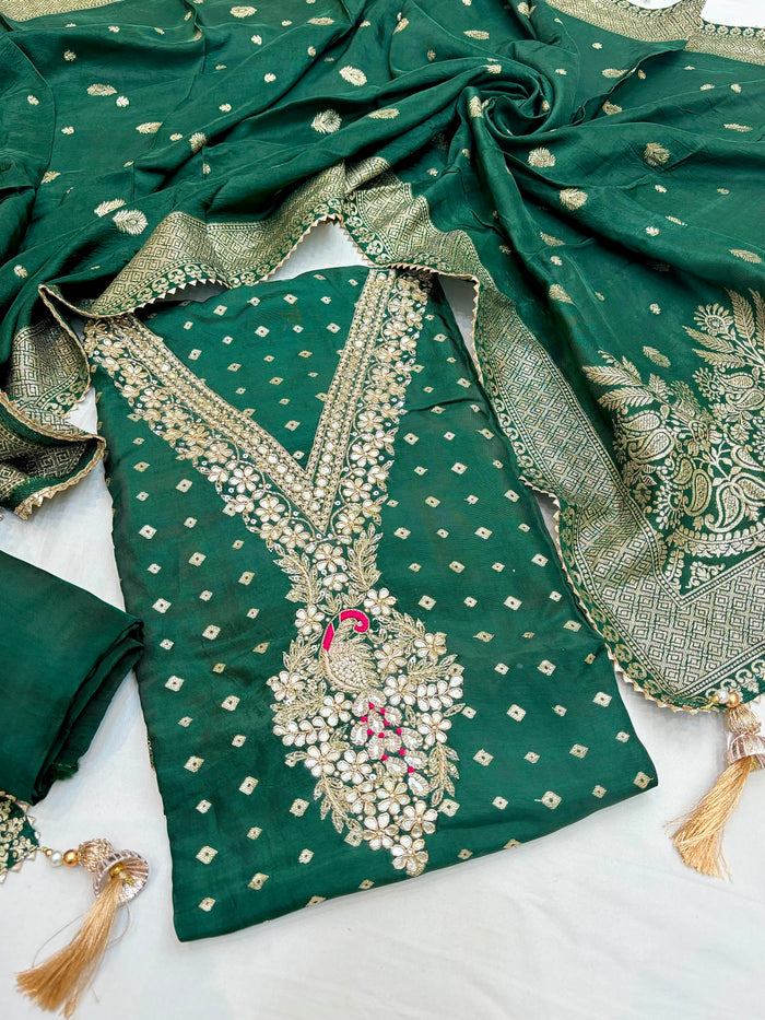 Beautiful Jacquard Dola Silk Shirt Along With Jacquard Dola Silk Dupatta And Soft Silk Bottom