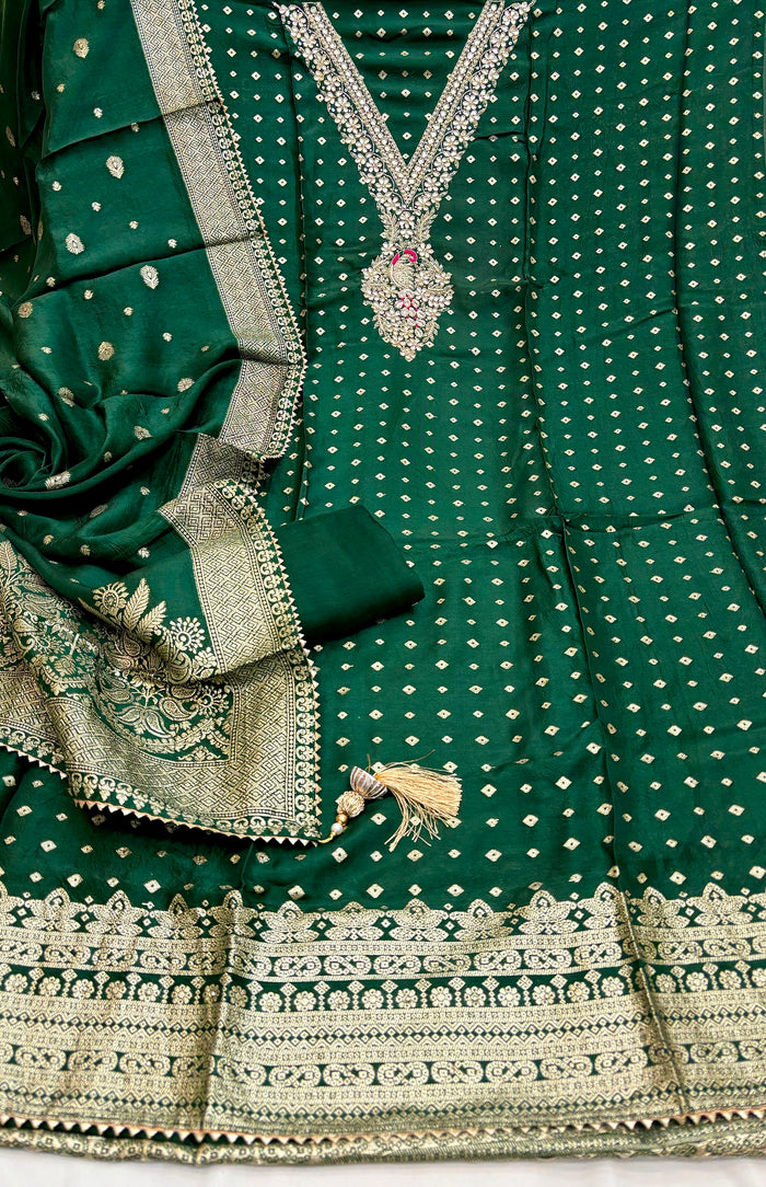 Beautiful Jacquard Dola Silk Shirt Along With Jacquard Dola Silk Dupatta And Soft Silk Bottom