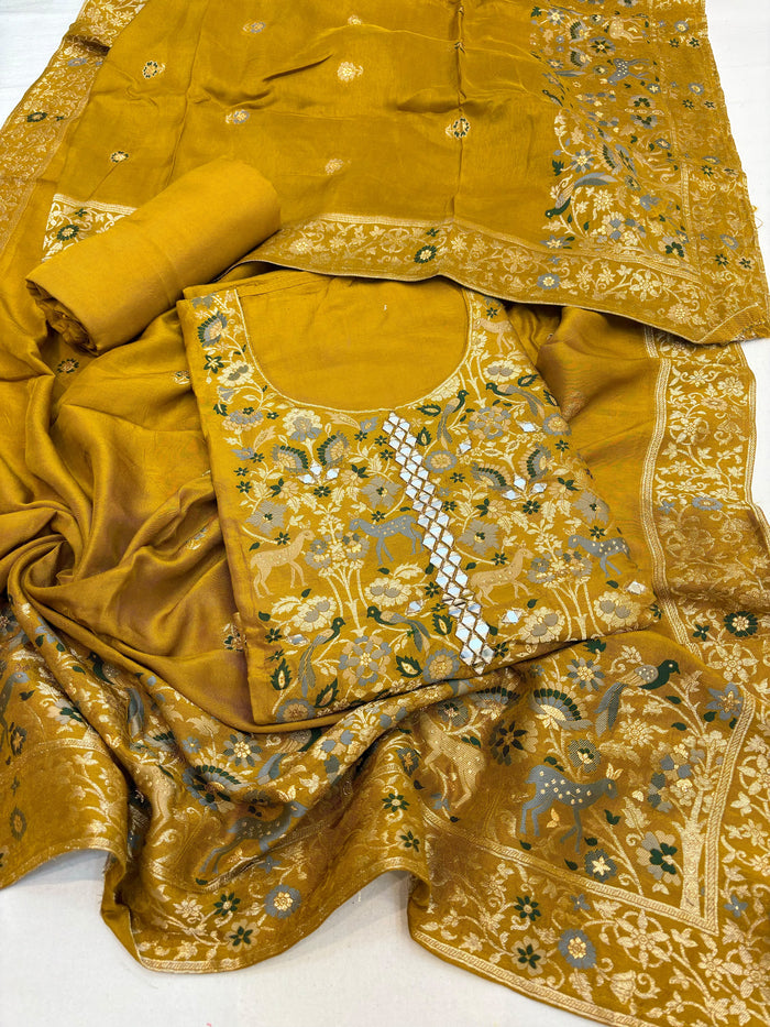 Beautiful Jacquard Dola Silk Shirt With Jacquard Dola Silk Dupatta And Soft Silk  Bottom