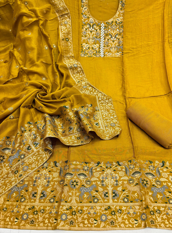 Beautiful Jacquard Dola Silk Shirt With Jacquard Dola Silk Dupatta And Soft Silk  Bottom