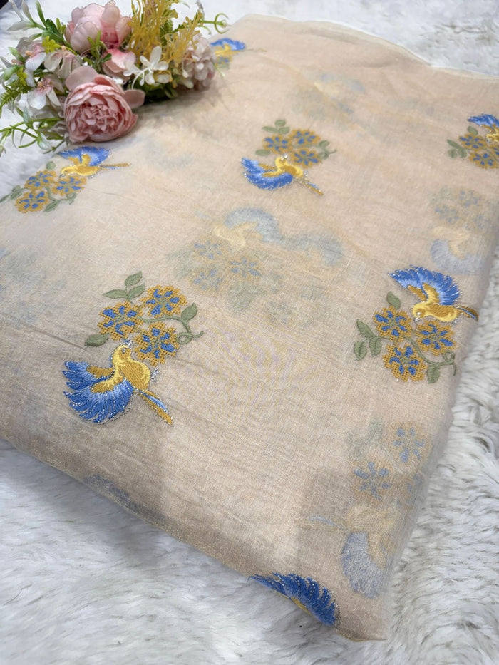Beige Pure Banarasi Cotten Tissue Embroidery 44 inch width