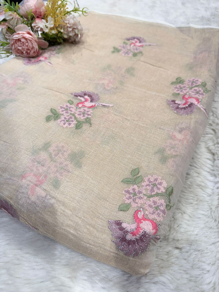 Beige Pure Banarasi Cotten Tissue Embroidery 44 inch width