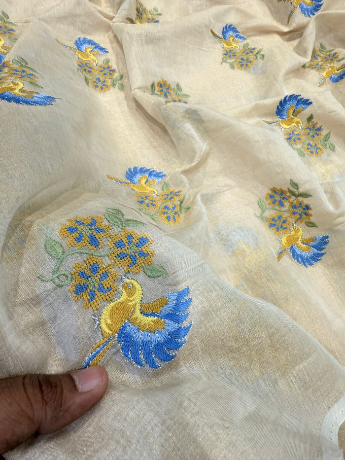 Beige Pure Banarasi Cotten Tissue Embroidery 44 inch width