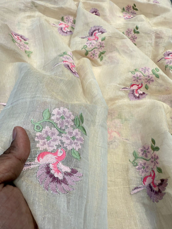 Beige Pure Banarasi Cotten Tissue Embroidery 44 inch width