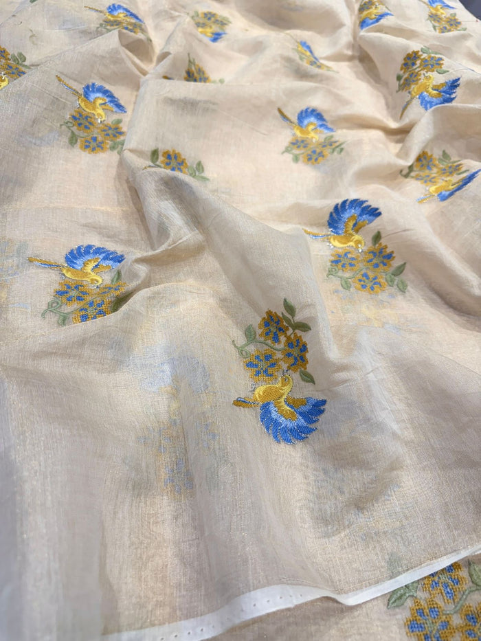Beige Pure Banarasi Cotten Tissue Embroidery 44 inch width