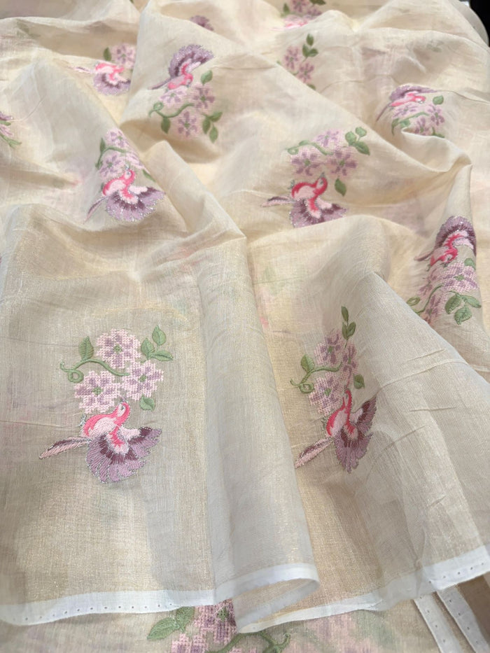 Beige Pure Banarasi Cotten Tissue Embroidery 44 inch width