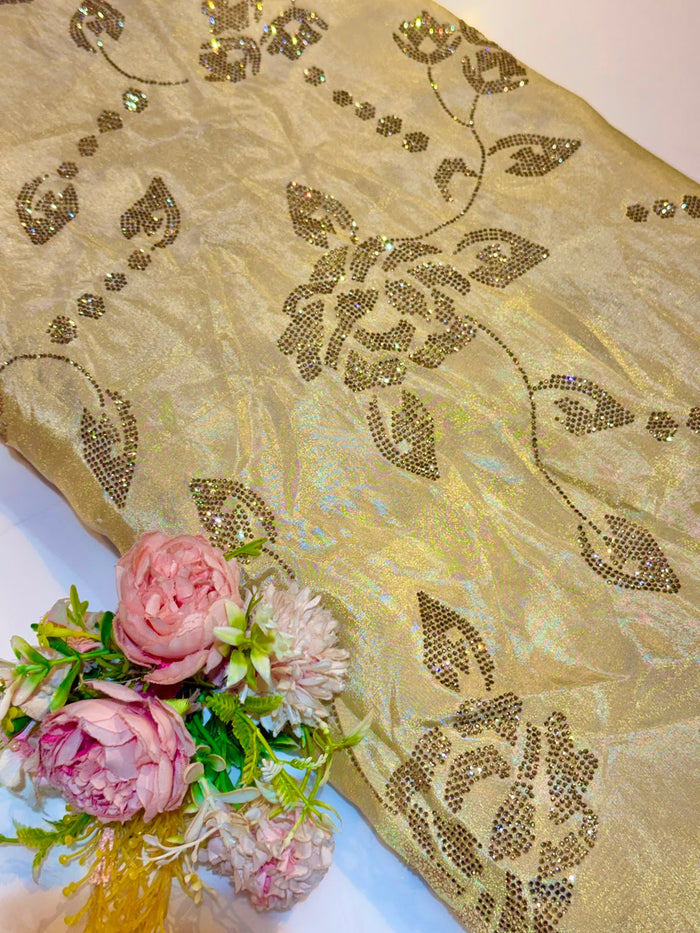 Beige Pure Zari Tissue With Stone Work 44 inch width