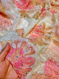 Beige Satin Organza  Floral Real Mirror Handwork  44 inch width (P)