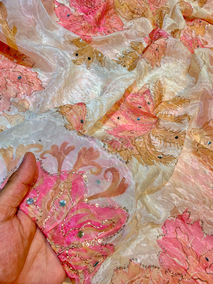 Beige Satin Organza  Floral Real Mirror Handwork  44 inch width (P)