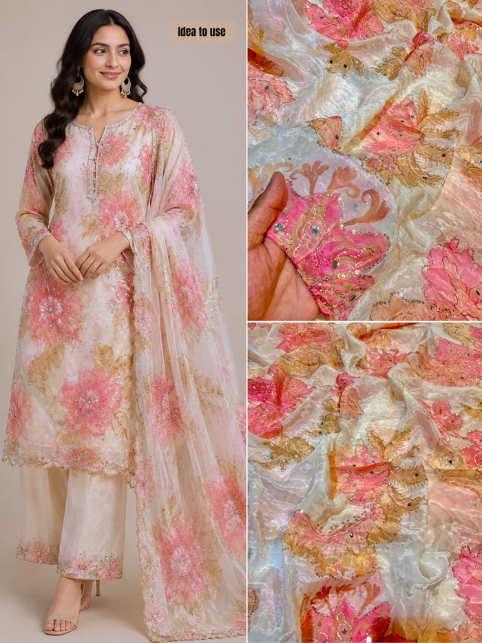 Beige Satin Organza  Floral Real Mirror Handwork  44 inch width (P)