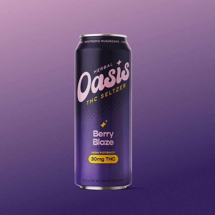 cbdMD Herbal Oasis Berry Blaze THC Seltzer can with 30mg THC on a purple background