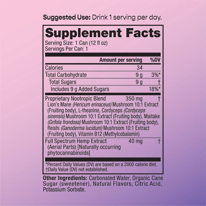 Supplement Facts label for cbdMD Berry Blaze Seltzer showing nutrition and nootropic blend.