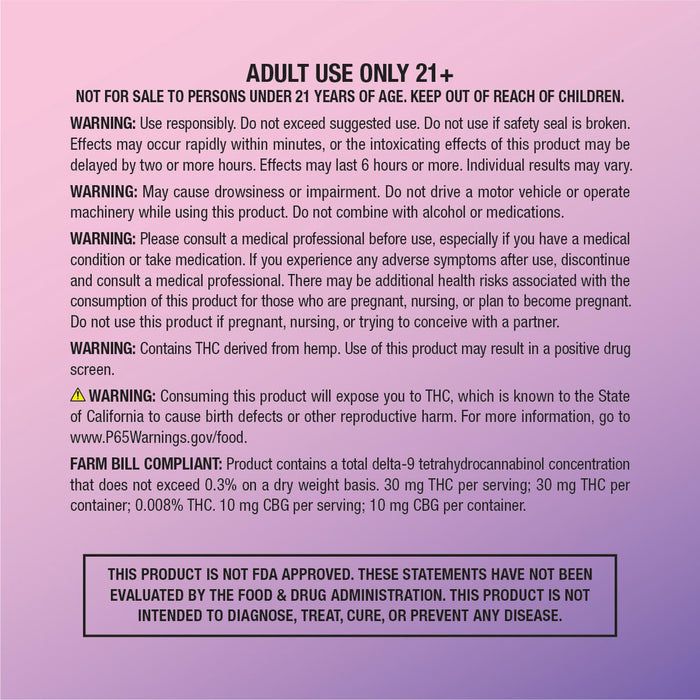 Warning and legal disclosure label for cbdMD Berry Blaze Seltzer.
