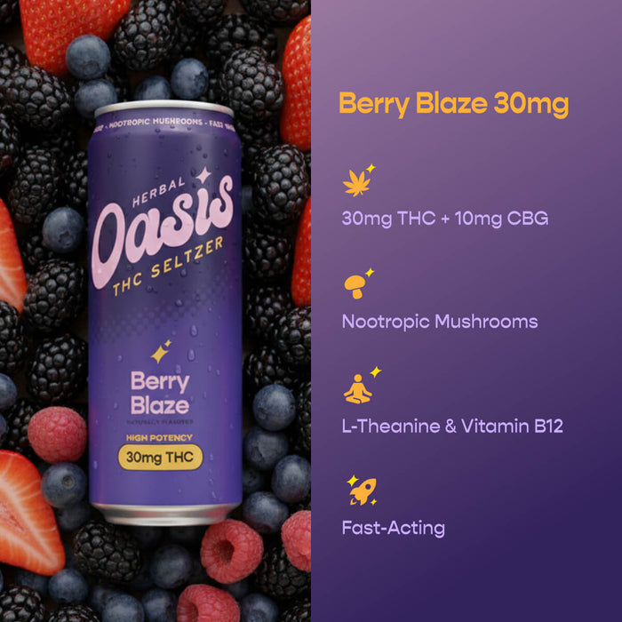 cbdMD Berry Blaze 30mg THC Seltzer can surrounded by fresh berries.