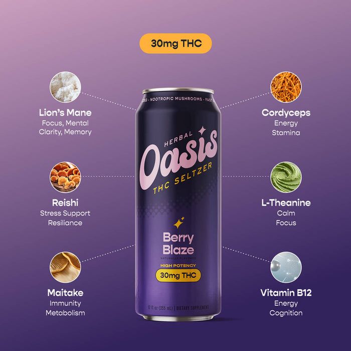 cbdMD Berry Blaze THC Seltzer can with Lion's Mane, Cordyceps, and Vitamin B12 ingredients.