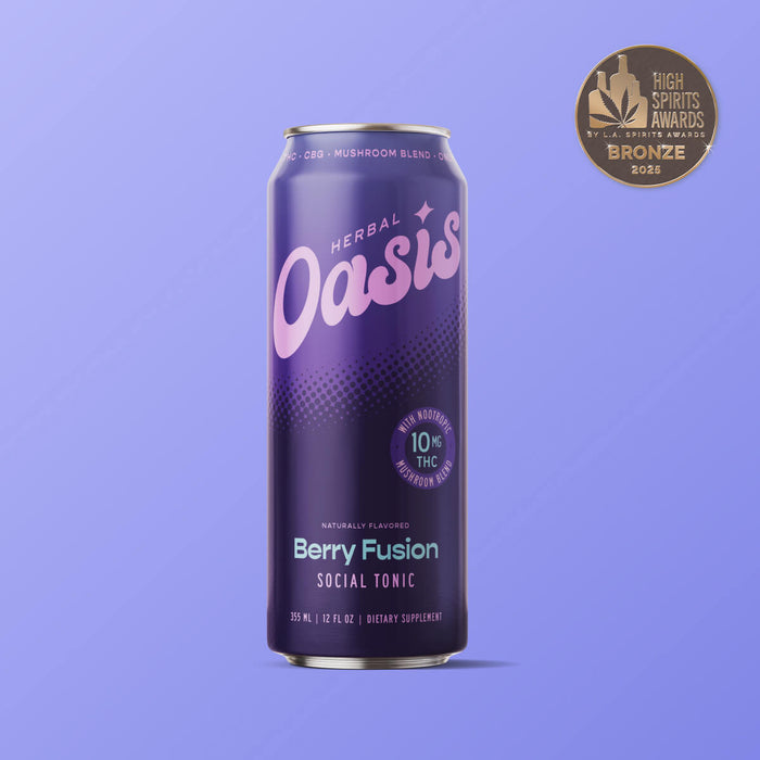 cbdMD Herbal Oasis Berry Fusion social tonic can with 10mg THC and a bronze award seal.