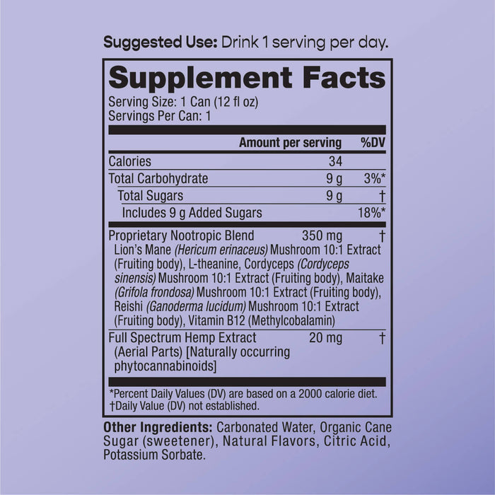 Supplement Facts label for cbdMD Berry Fusion Seltzer, showing nutrition and ingredients.