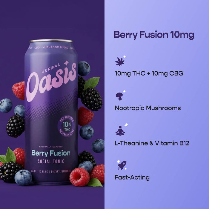 cbdMD Berry Fusion Social Tonic can with fresh berries, highlighting THC, CBG, and nootropics.