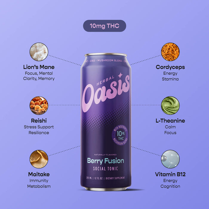 cbdMD Berry Fusion Social Tonic can with 10mg THC and a nootropic mushroom blend.