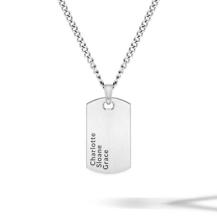 Silver dog tag necklace with engraved names on a white background