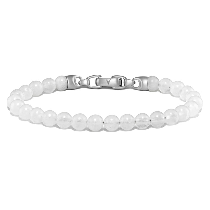 White beaded bracelet with silver clasp on a white background
